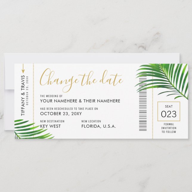 Change of Date Tropical Palm Boarding Pass Wedding Announcement (Front)