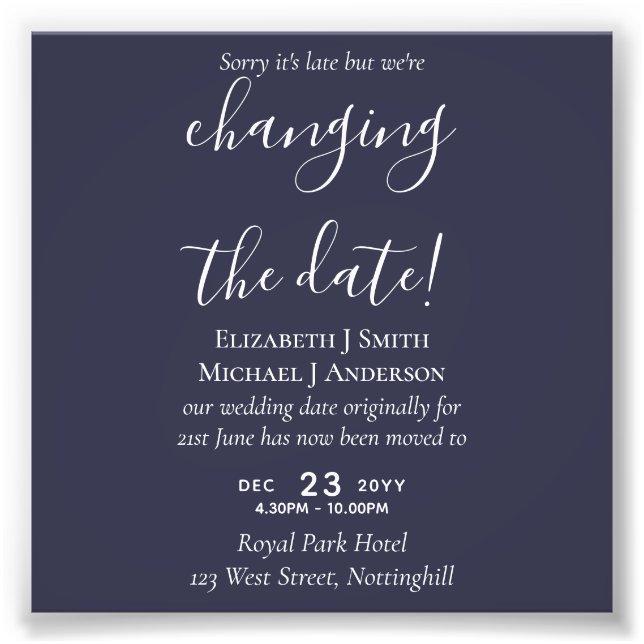 Change of Date Wedding Postponement Photo Invite (Front)
