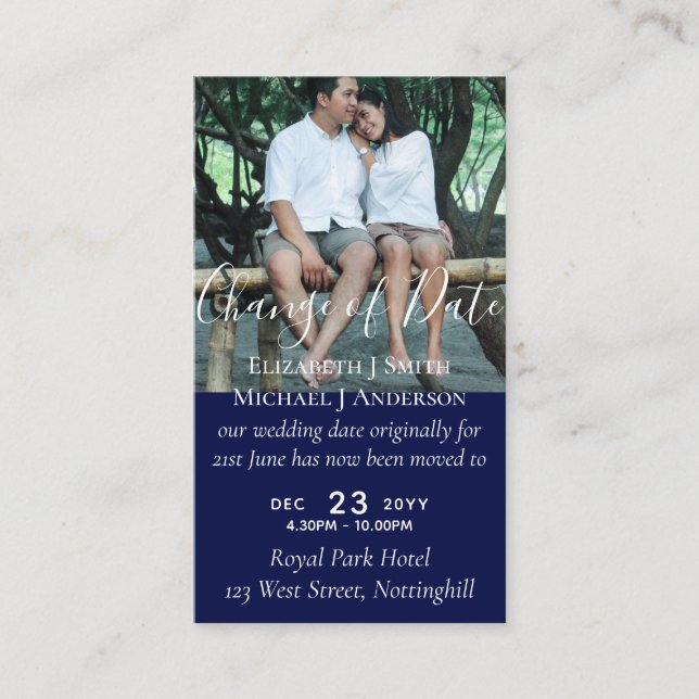 Change of Date Wedding Postponement Photo Navy Advice Card (Front)
