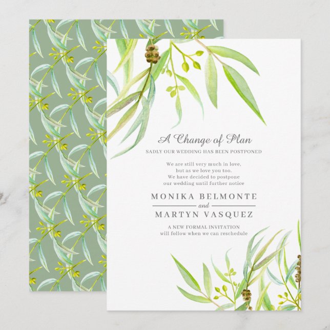 Change of plan Eucalyptus leaf watercolor wedding Invitation (Front/Back)