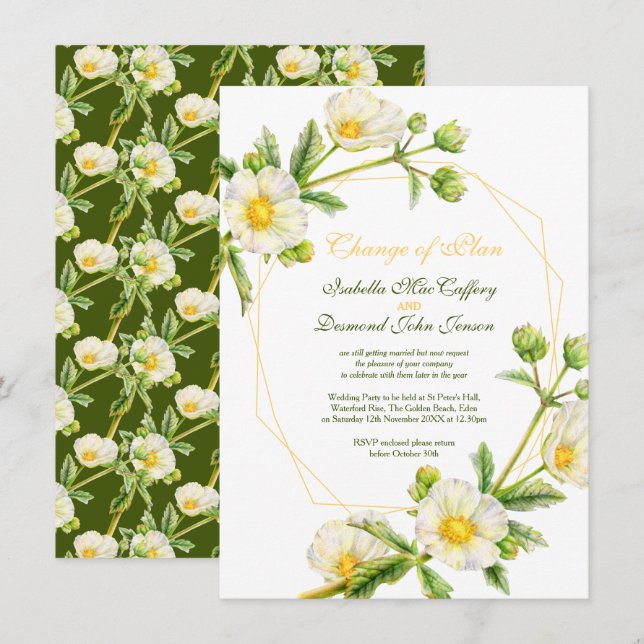 Change of plan Rose watercolor white green wedding Invitation (Front/Back)