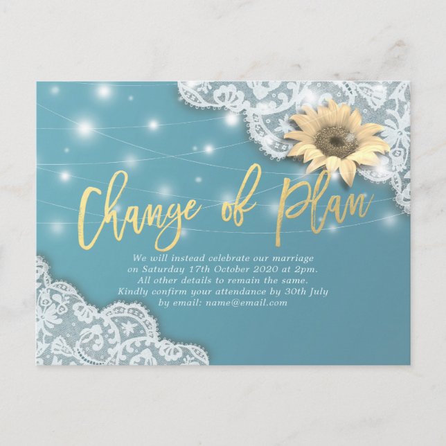 Change Of Plan Wedding Postponement Lace Sunflower Announcement Postcard (Front)