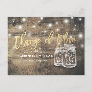 CHANGE OF PLAN WEDDING POSTPONEMENT MASON JAR WOOD ANNOUNCEMENT POSTCARD