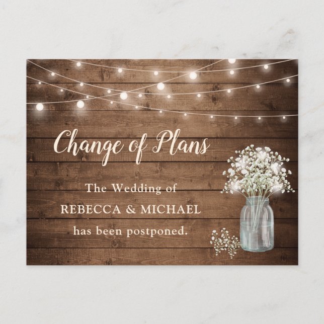 Change of Plans Baby's Breath Rustic String Lights Postcard (Front)