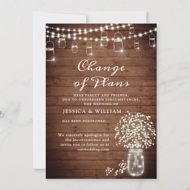 Change of Plans Baby's Breath String Lights Rustic Invitation (Front)