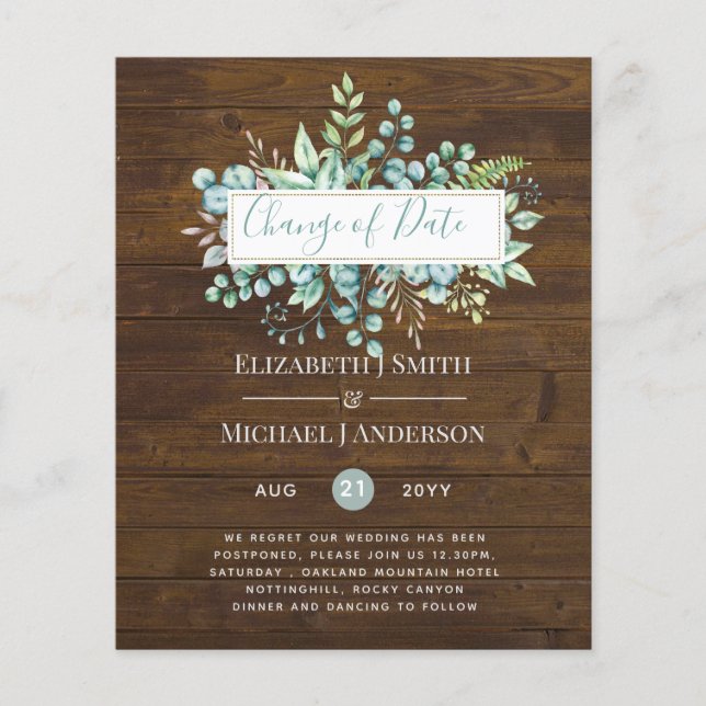 Change of Plans Date Rustic Wood Greenery Event (Front)
