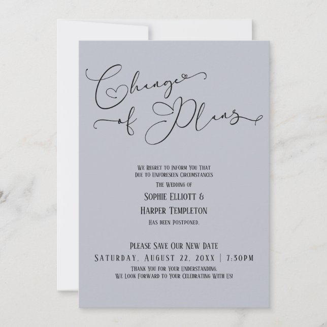Change of Plans, Elegant Blue New Wedding Date Invitation (Front)