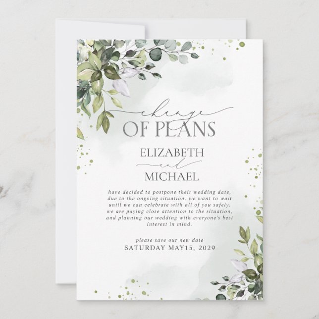 Change of Plans Elegant Botanical Greenery Wedding Save The Date (Front)