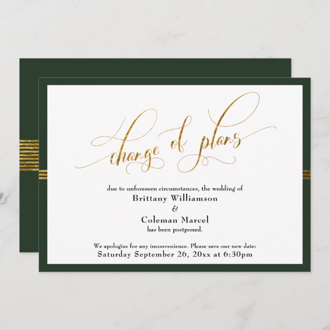 Change of Plans Elegant Green w/ Gold Stripe Card (Front/Back)