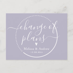 Change of plans Elegant Lilac Wedding Postponement Postcard