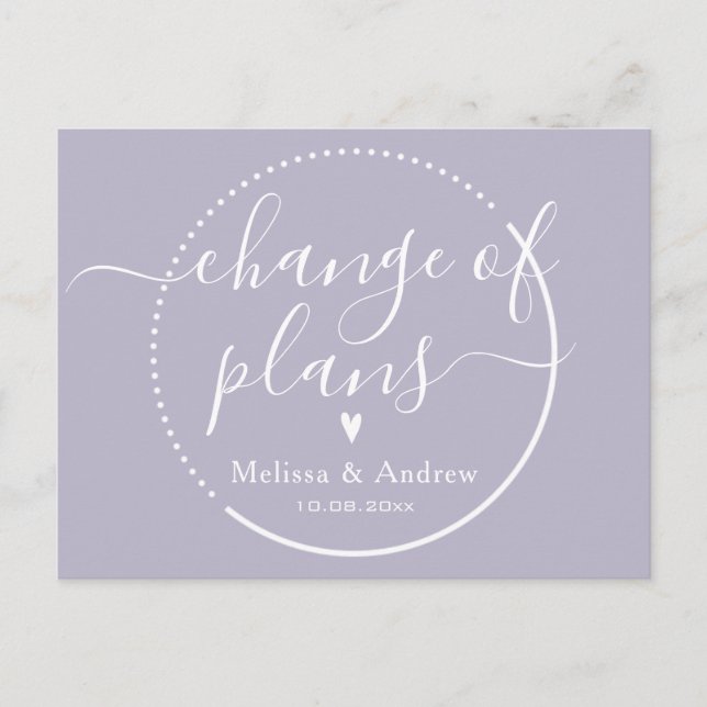 Change of plans Elegant Lilac Wedding Postponement Postcard (Front)