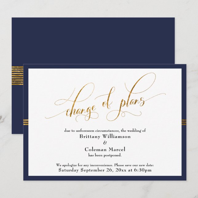 Change of Plans Elegant Navy w/ Gold Stripe Card (Front/Back)