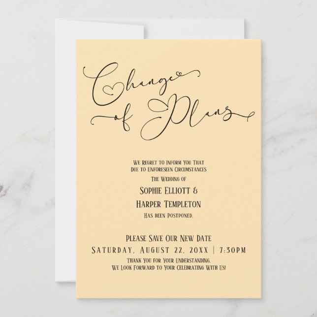 Change of Plans, Elegant Peach New Wedding Date Invitation (Front)