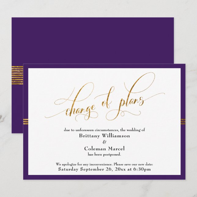 Change of Plans Elegant Purple w/ Gold Stripe Card (Front/Back)