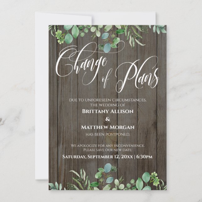 Change of Plans Eucalyptus Postponed Wedding Card (Front)