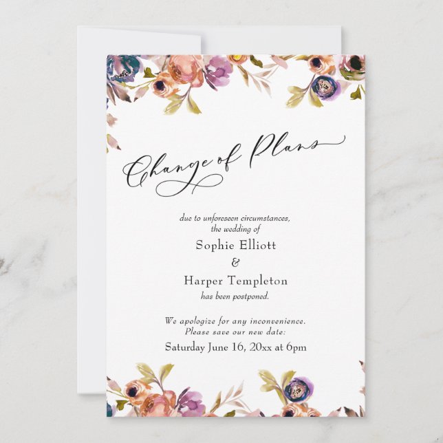 Change of Plans Floral Delayed Wedding Update Card (Front)