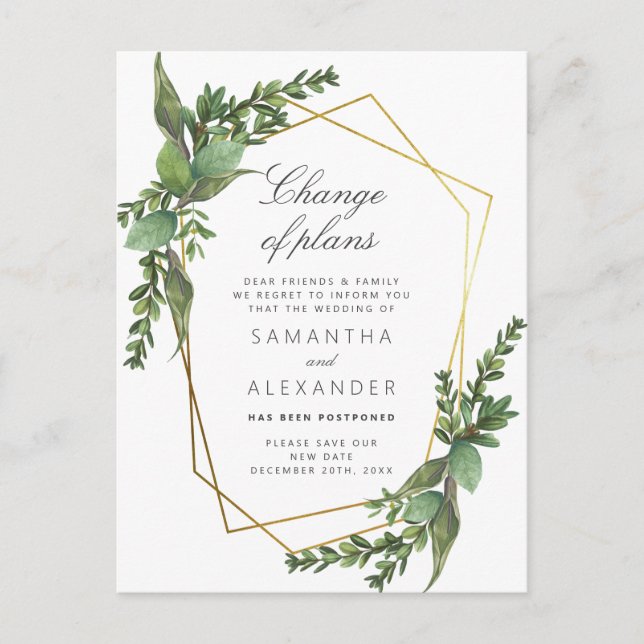 Change Of Plans | Gold Botanical Greenery Wedding Invitation Postcard (Front)