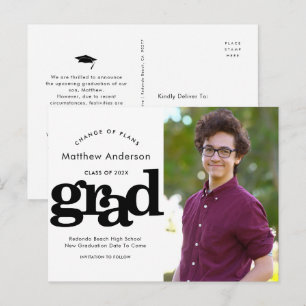 Change of plans graduation black bold typography invitation postcard