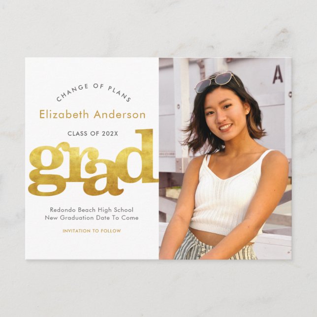Change of plans graduation bold gold typography invitation postcard (Front)