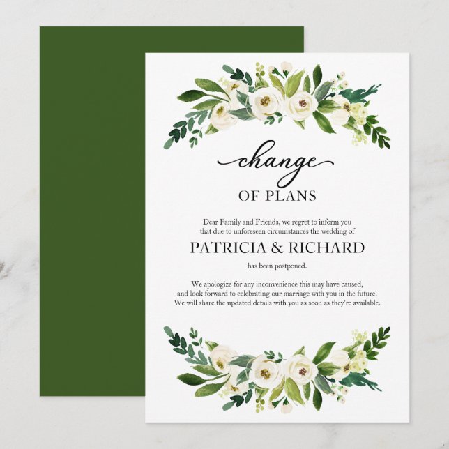 Change Of Plans Greenery Wedding Postponement Invitation (Front/Back)