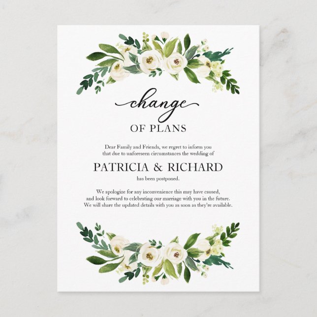 Change Of Plans Greenery Wedding Postponement Postcard (Front)
