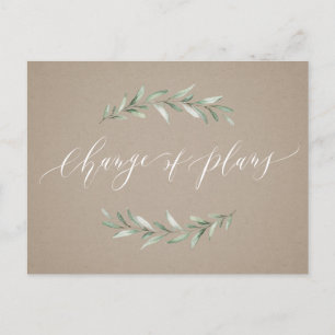 Change of plans greenery wedding postponement postcard