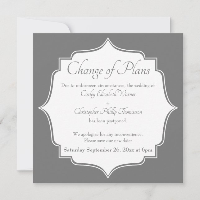 Change of Plans Grey Postponed Wedding Card (Front)