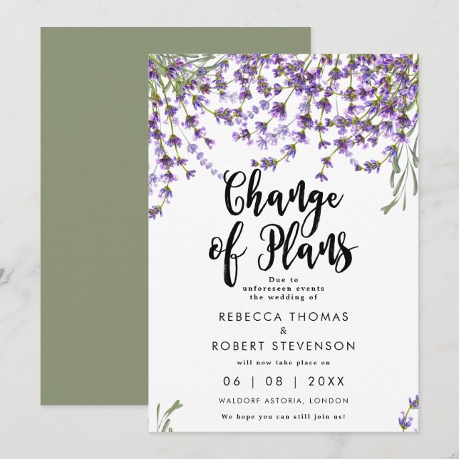change of plans lavender wedding invitation (Front/Back)