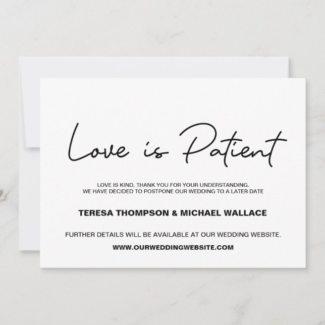 Change of Plans Love is Patient Wedding Postponed Invitation (Front)