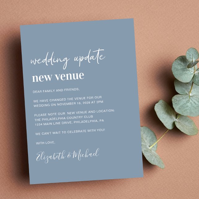 Change of Plans New Venue Dusty Blue Wedding Announcement (A chic change of venue announcement. Our user-friendly template allows you to easily customize)