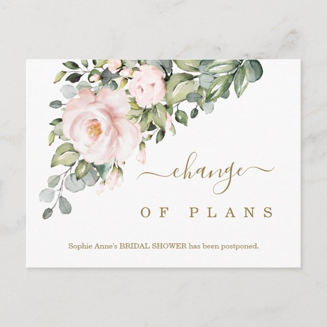 Change of Plans Pink Flowers Bridal Shower Postcard (Front)