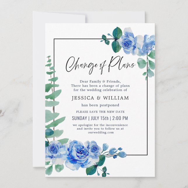 Change Of Plans Postponed Dusty Blue Foliage Invitation (Front)