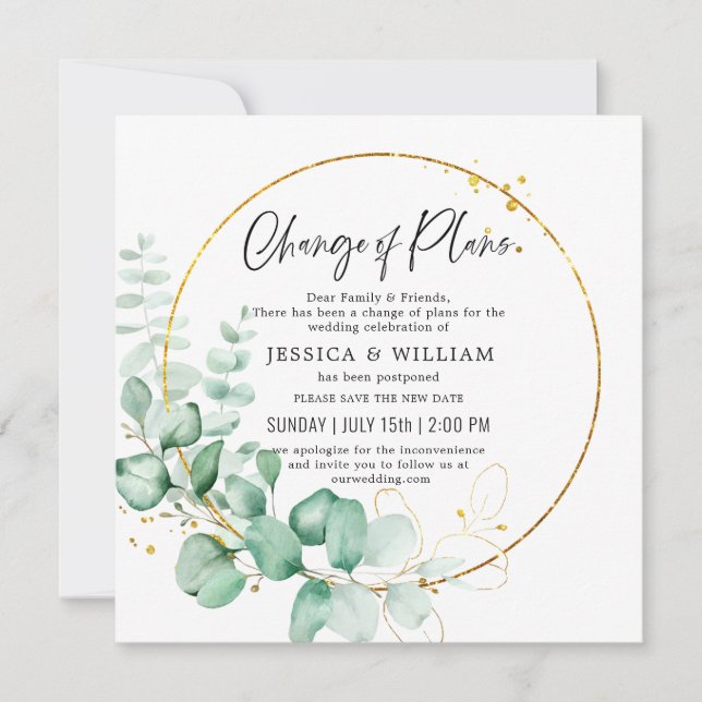 Change Of Plans Postponed Eucalyptus Greenery Invitation (Front)
