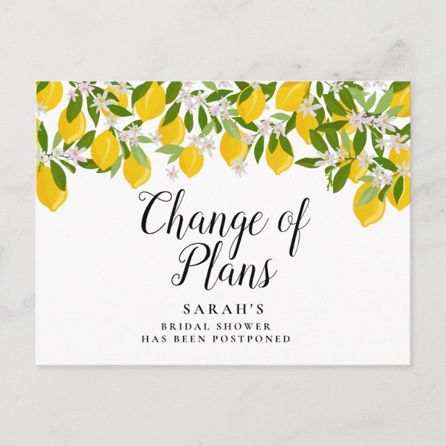 Change of Plans Postponed Lemons Bridal Shower Announcement Postcard (Front)