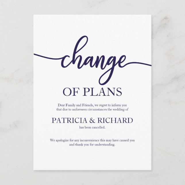 Change Of Plans Postponed Wedding Navy Blue Script Postcard (Front)