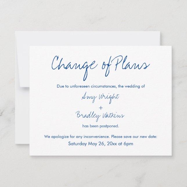 Change of Plans Postponed Wedding Navy White Card (Front)