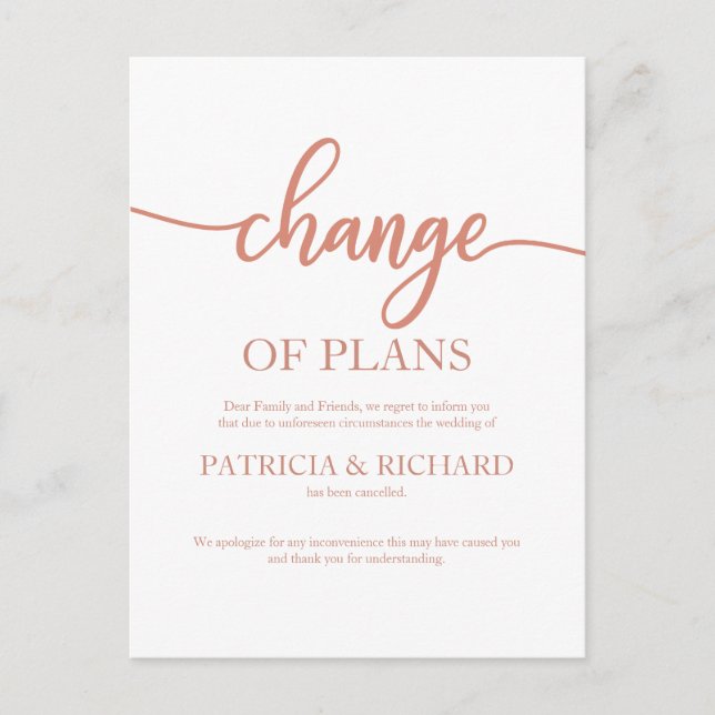 Change Of Plans Postponed Wedding Rose Gold Postcard (Front)