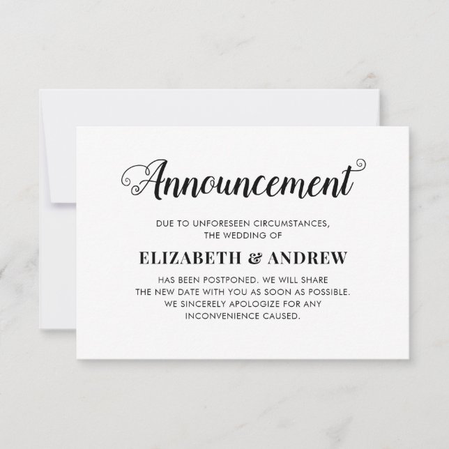 Change of Plans Rescheduled Wedding Modern Script Announcement (Front)