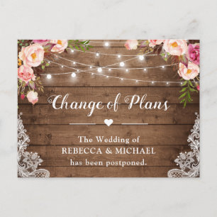 Change of Plans Rustic Floral Lace String Lights Postcard