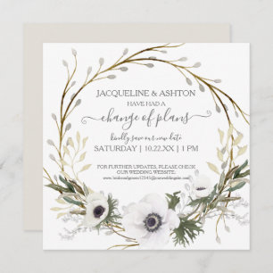 Change of Plans Script Grey White Floral Greenery Invitation