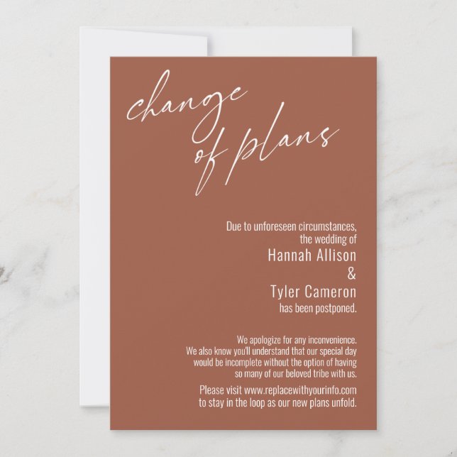 Change of Plans Terracotta Postponed Wedding Card (Front)