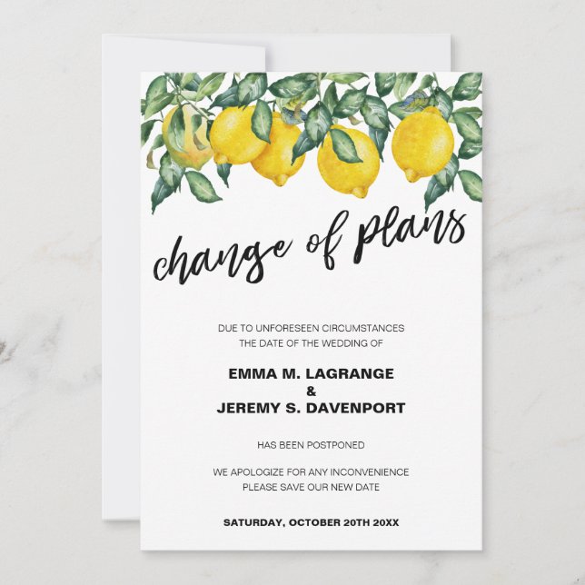 Change of plans wedding lemons save the date (Front)