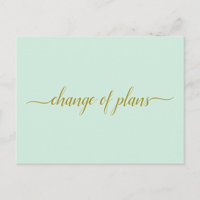 Change of Plans Wedding Postponed Gold Mint Green Announcement Postcard (Front)