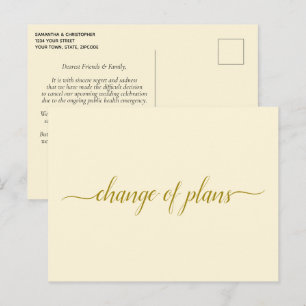 Change of Plans Wedding Postponed Gold on Cream Announcement Postcard