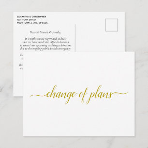 Change of Plans Wedding Postponed Gold on White Announcement Postcard