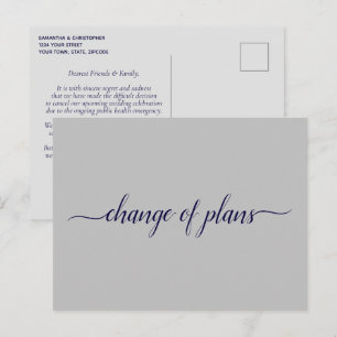 Change of Plans Wedding Postponed Navy Blue & Grey Announcement Postcard