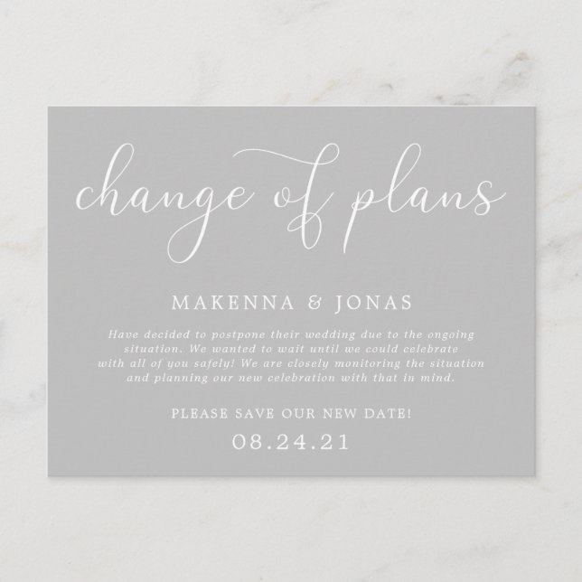 Change of Plans Wedding Postponement Announcement Postcard (Front)