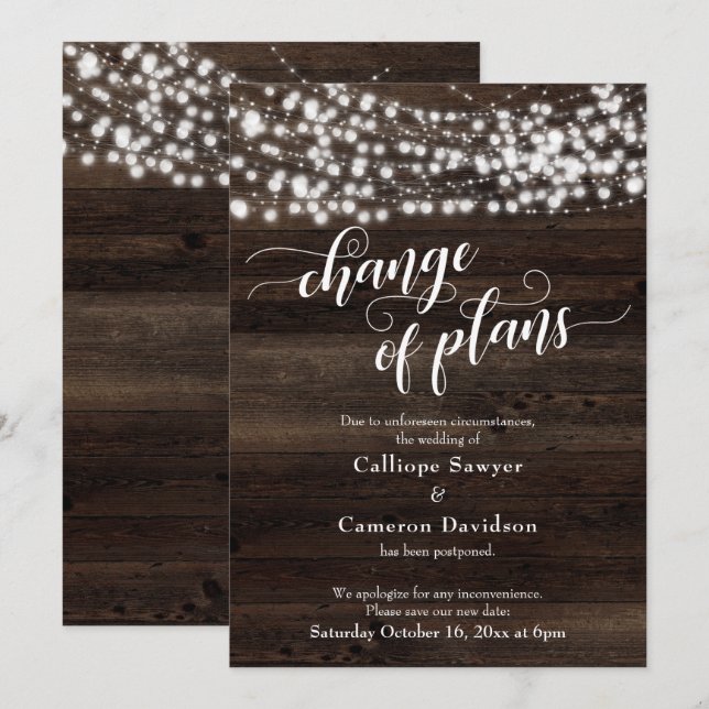 Change of Plans Wood Lights Postponed Wedding Card (Front/Back)