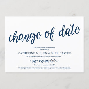 Change of Wedding date, Navy, Announcement Card