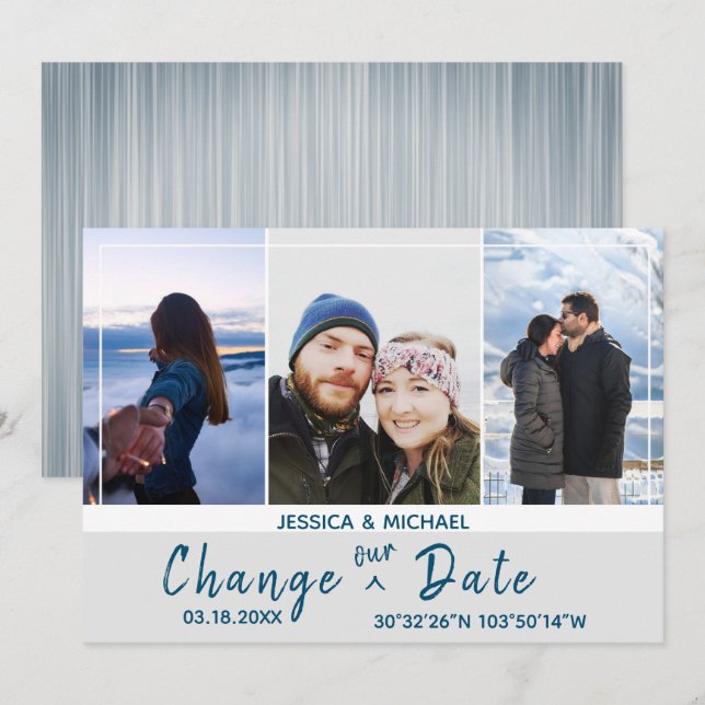Change our the Date 3-Photo collage  Coordinates Invitation (Front/Back)